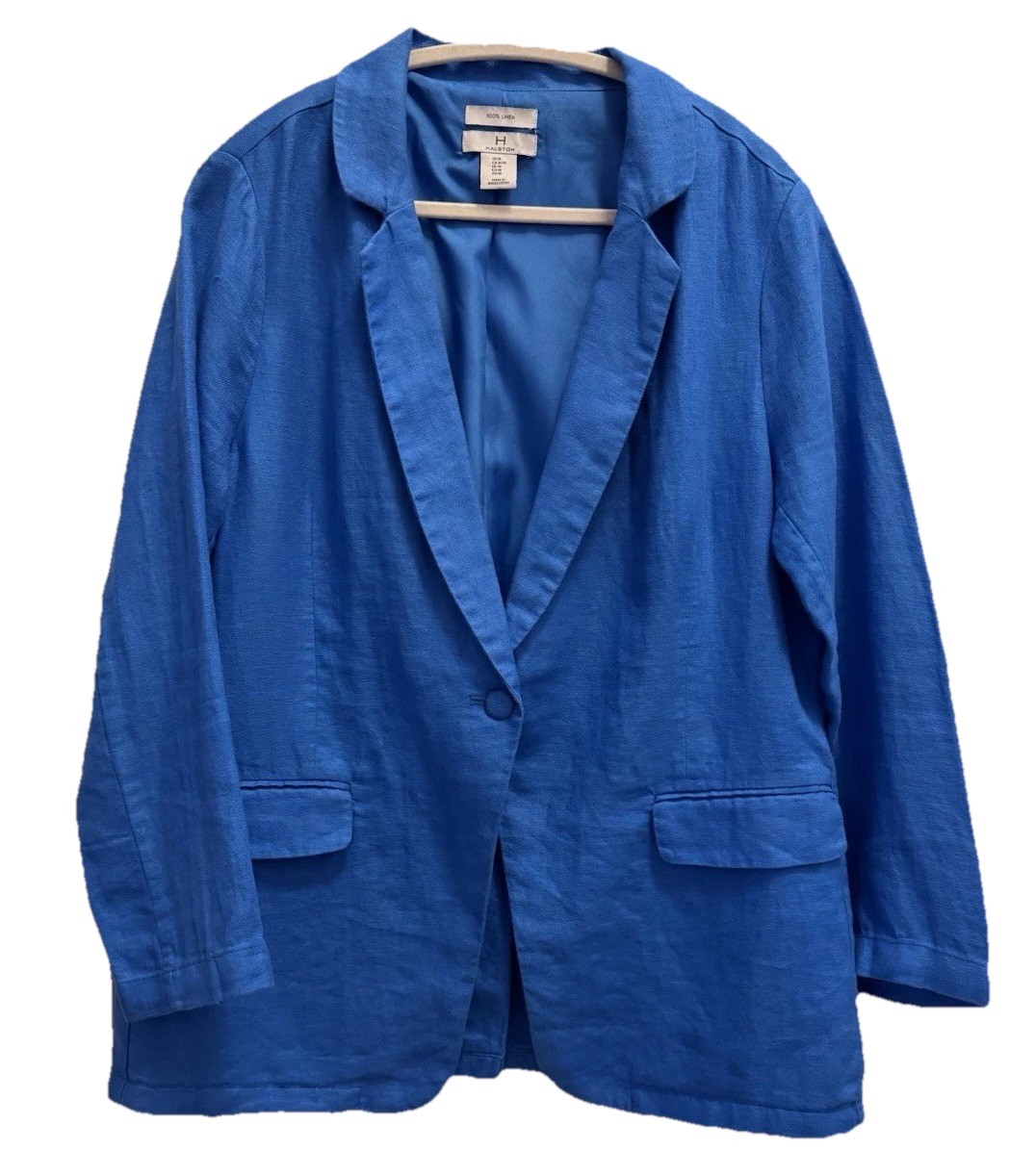 H Halston Linen Blazer Jacket Women’s M Blue Loose Fit Coastal Lagenlook Preppy