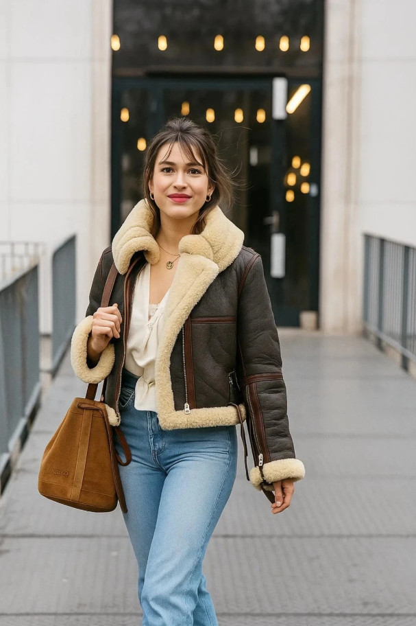 Women’s Handmade Shearling Jacket – Vintage Brown Genuine Sheepskin Aviator…