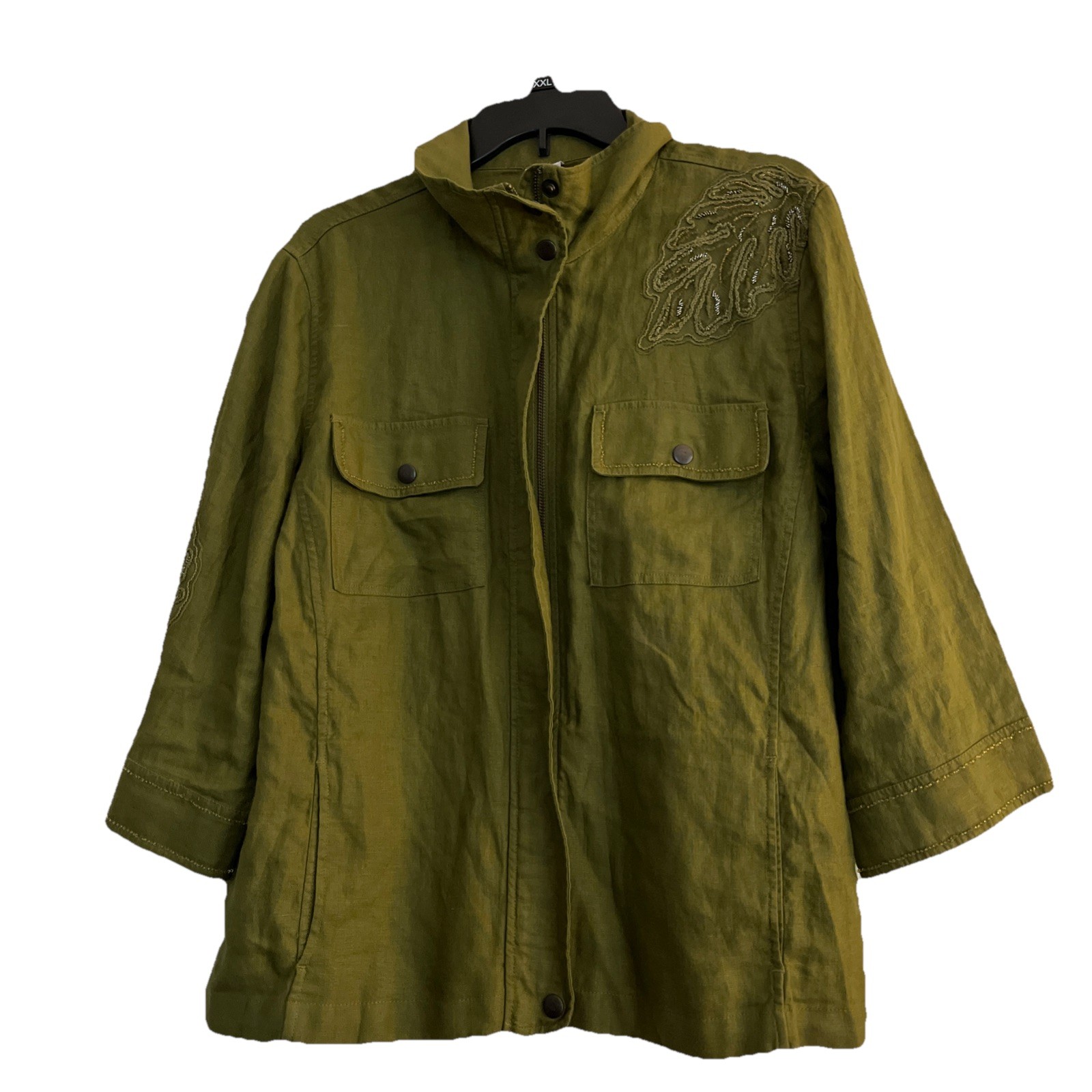 Chico’s Green Linen Jacket 3P XL Beaded Appliqué Zip/Snap Machine Washable EUC