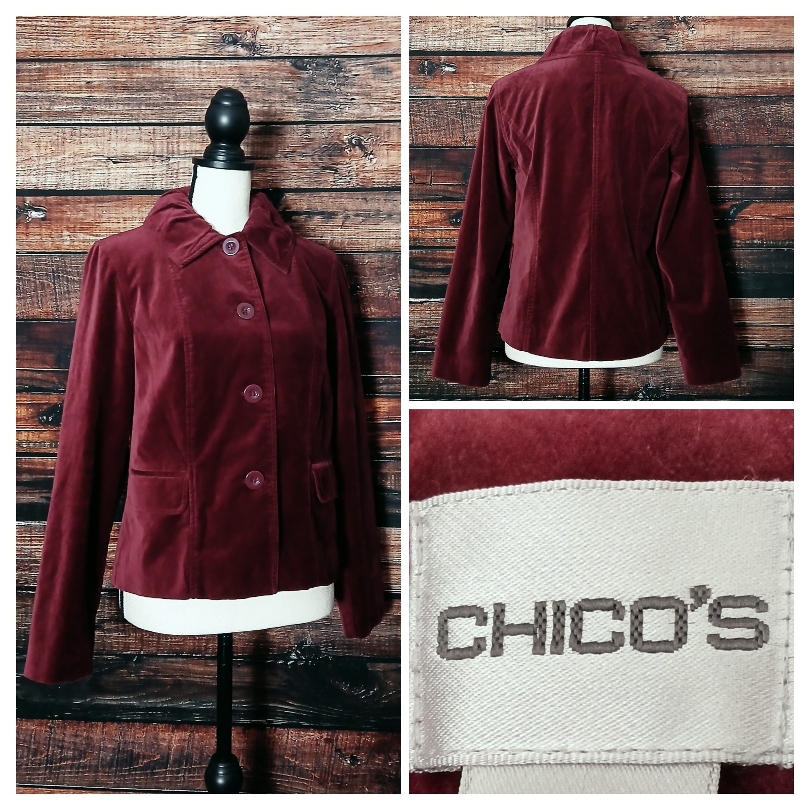 Chicos Velvet Jacket Size 0 US S Burgundy Wine Ruffle Collar Button Front Cotton