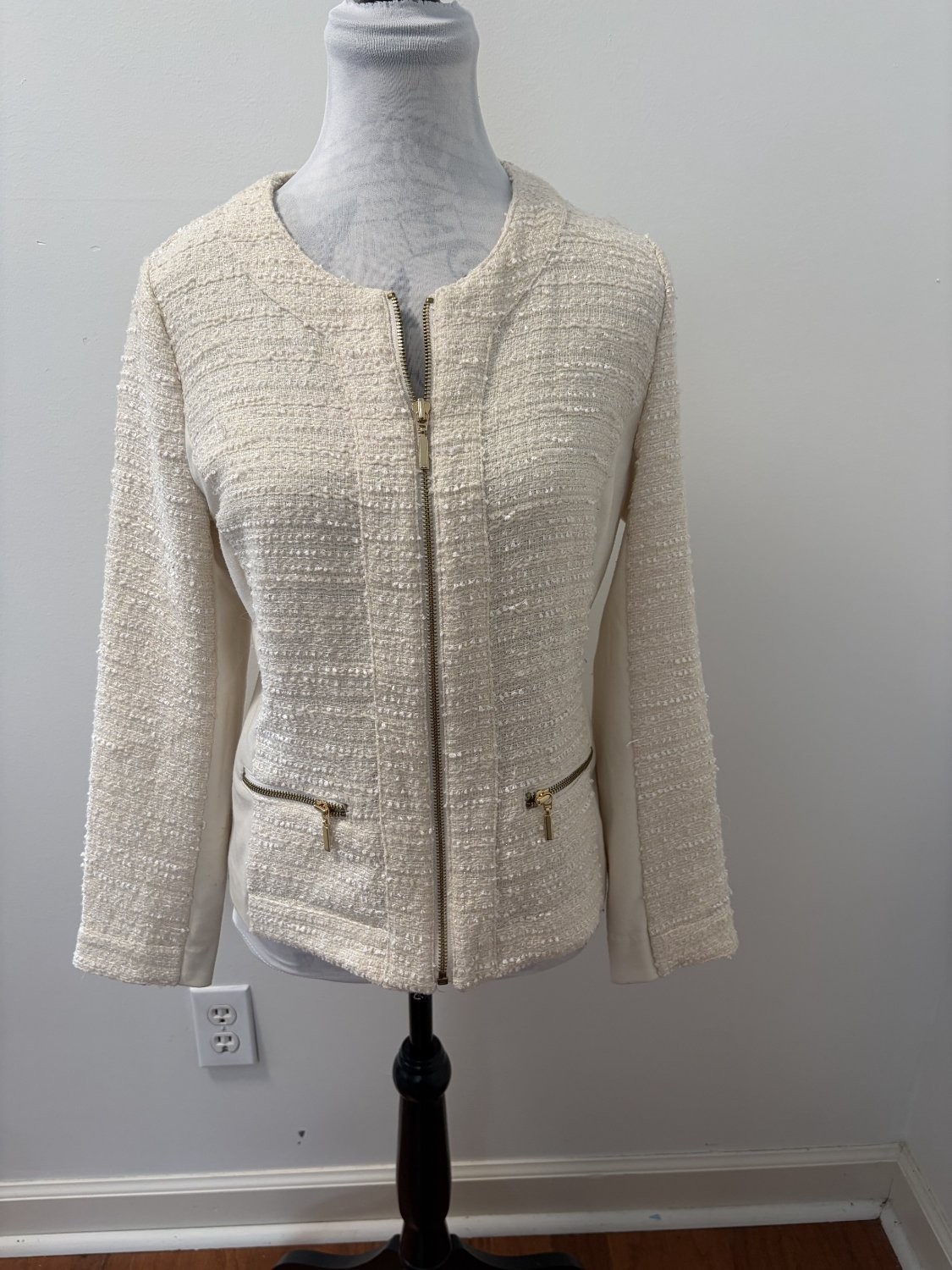 Alfani Women’s Jacket Size 6 Cream Textured Boucle Weave Full Zip Pockets