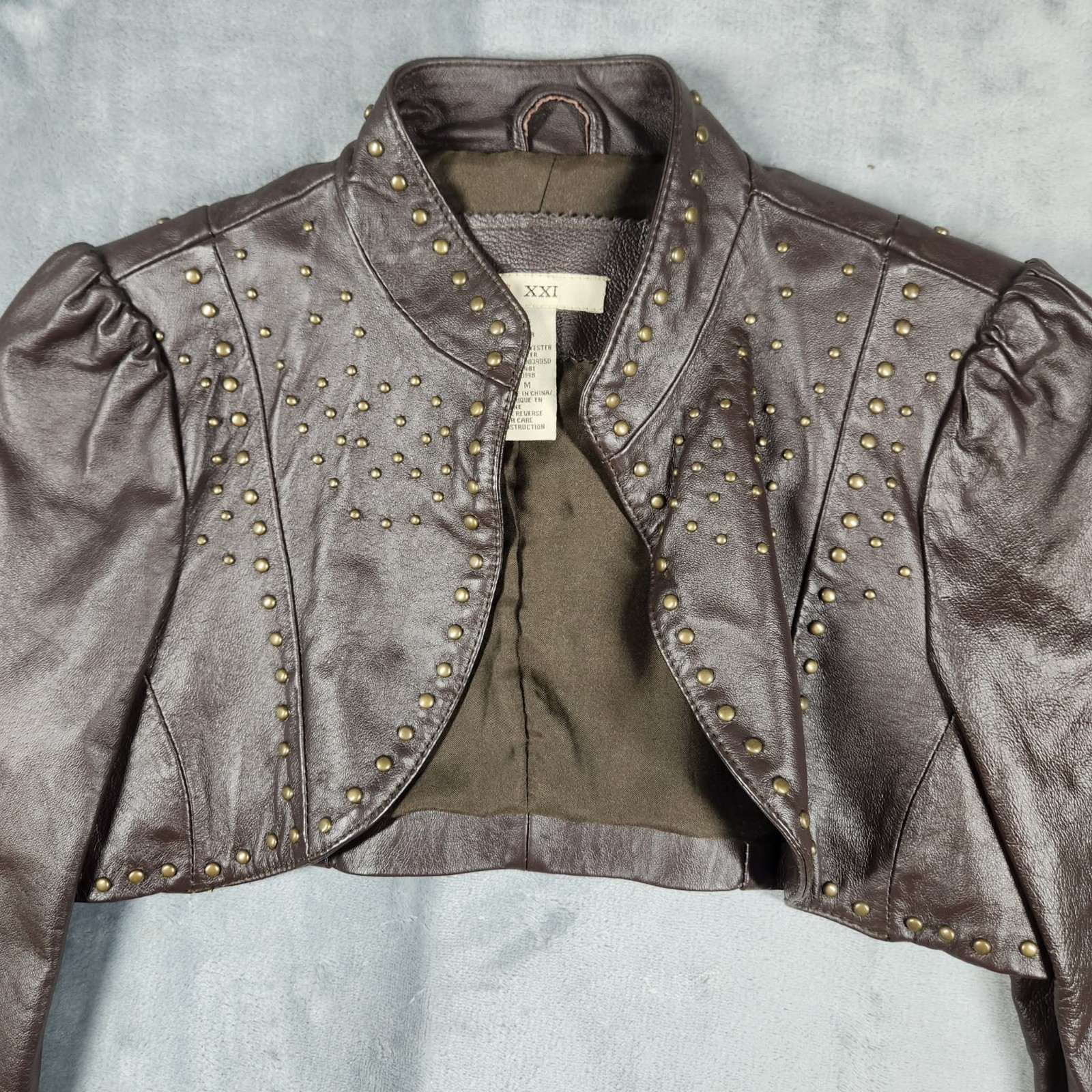 XXI Pig Leather Jacket Womens Medium Brown Cropped Studded Bolero Shrug Moto