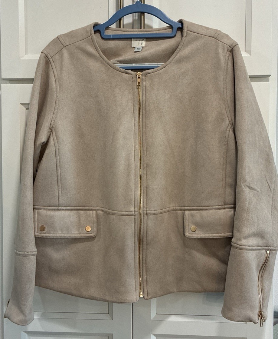 Women’s A New Day Beige Collarless Gold Zipper Front Jacket Stretch Size XXL