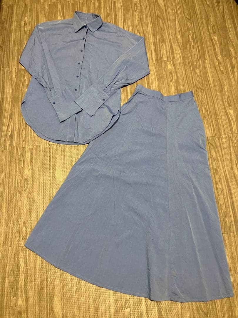 NORMA KAMALI Blue Shirt Skirt Set M Size Long Sleeve Vintage