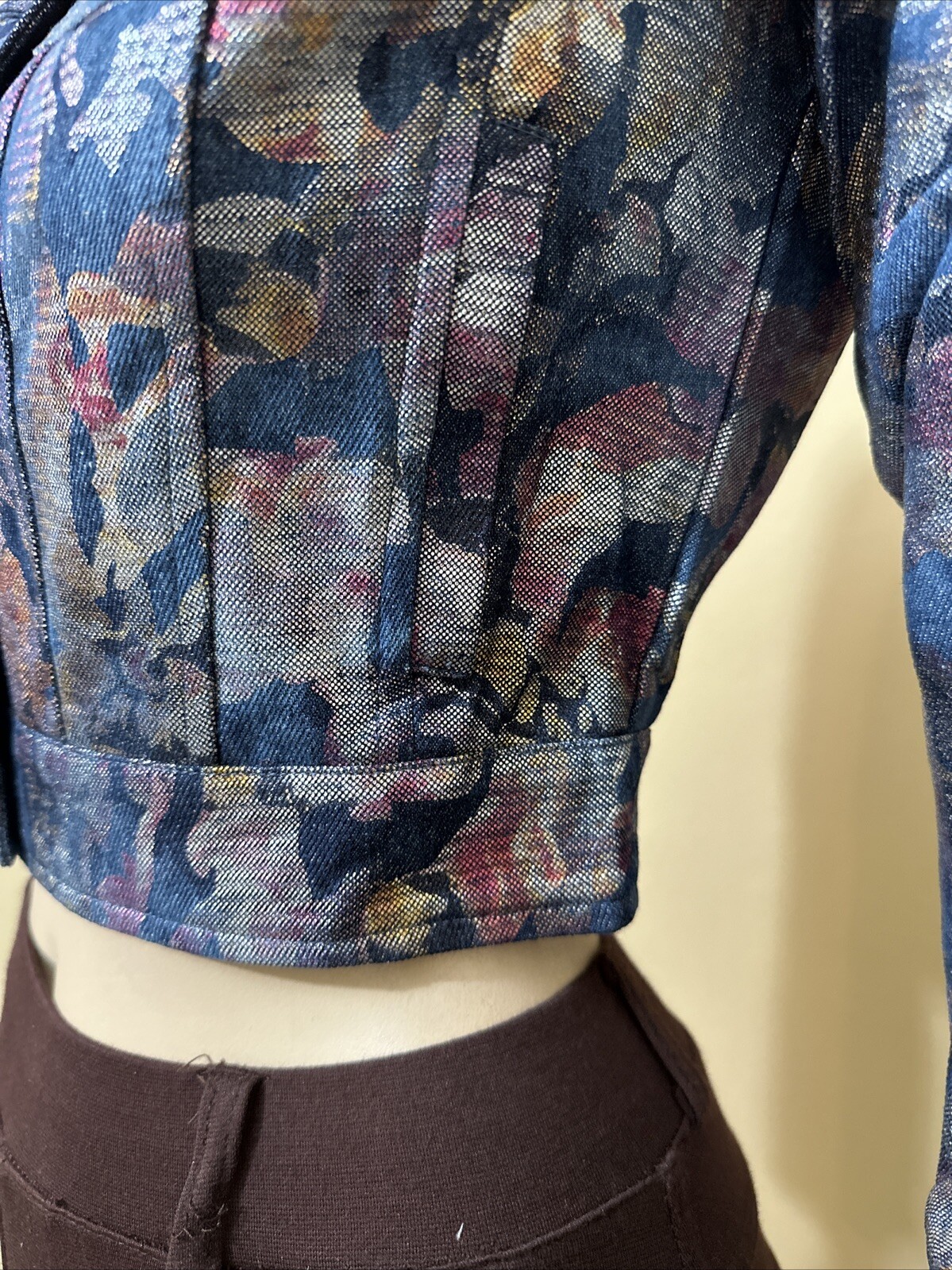 Women’s Violet Floral Denim Cotton Casual Stretch Slim Button Size M Jacket