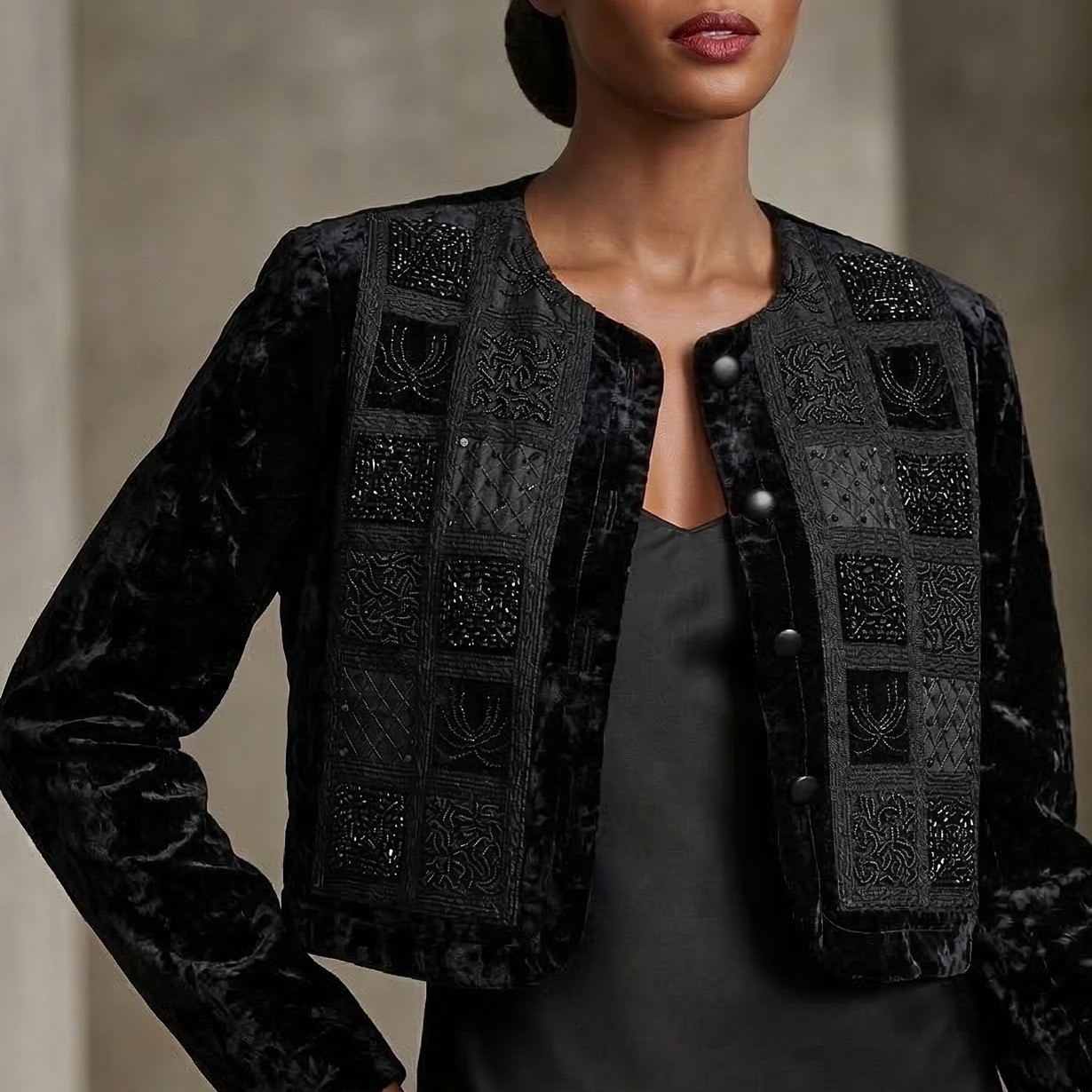 Vintage Women Cropped Black Velvet Jacket S Whimsigoth Artsy Patchwork Beaded