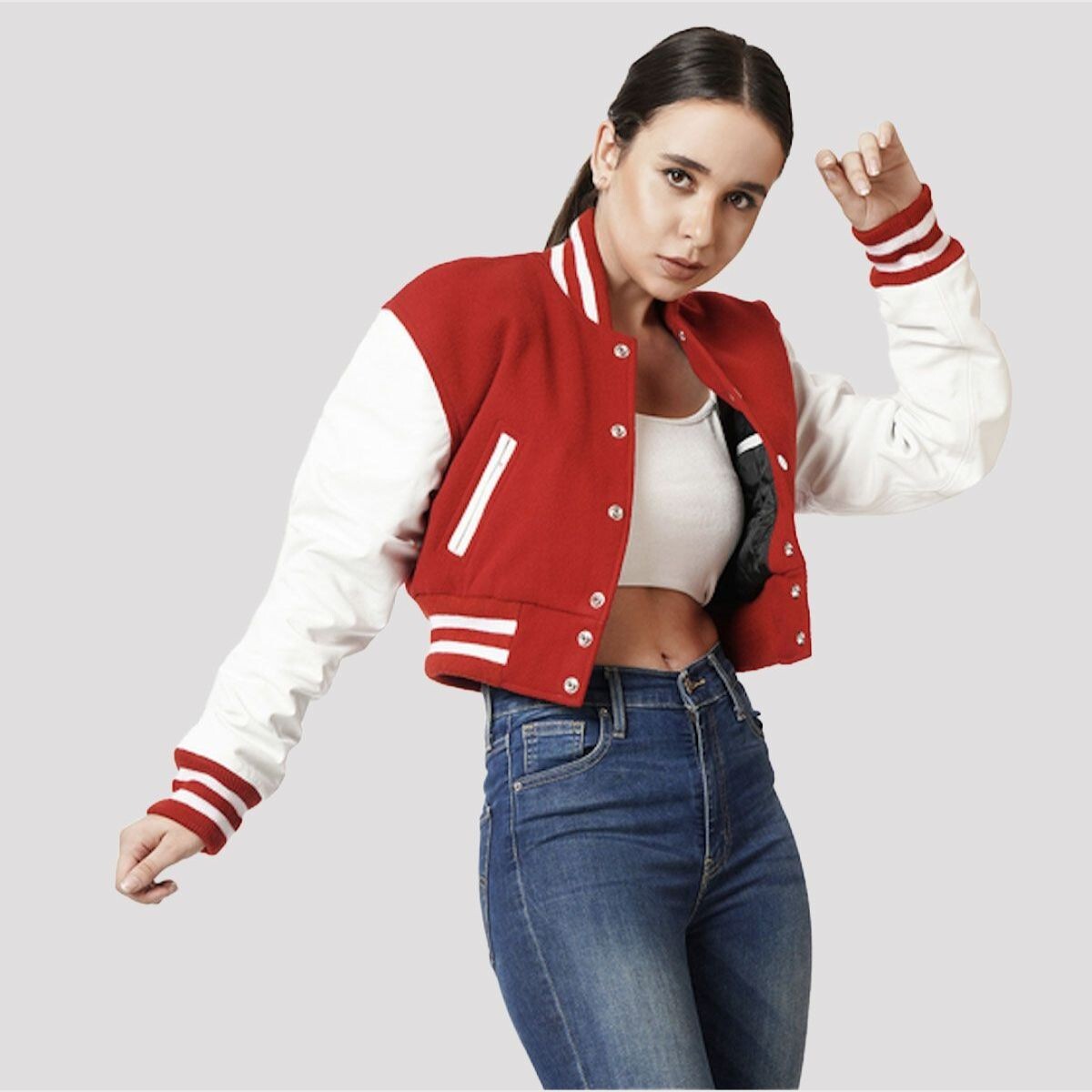 Varsity Women Crop Top Letterman Bomber Jacket Genuine Leather Sleeves Wool Body