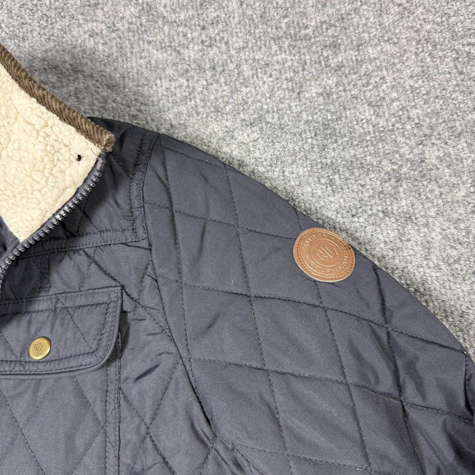Lauren Ralph Lauren Jacket Womens M Blue Quilted Faux Sherpa Collar Zip Pockets