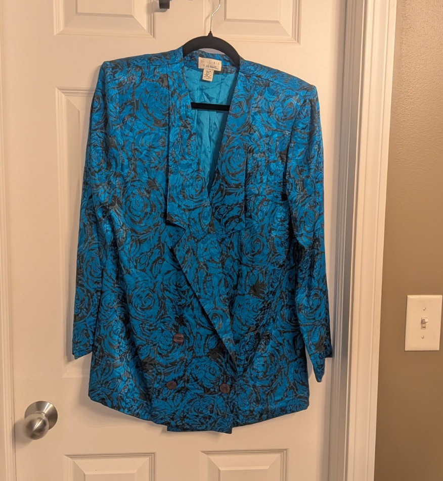 Silks by St. Gillian Blue Black Floral Collared Button Lined Jacket 10