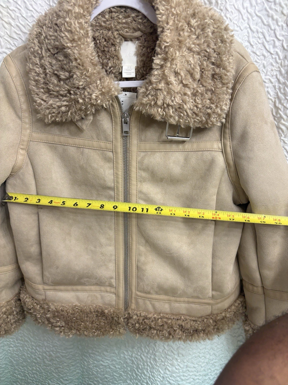 H&M Women SZ M Faux Suede Shearling Lined Aviator Jacket Tan Sherpa Biker Coat