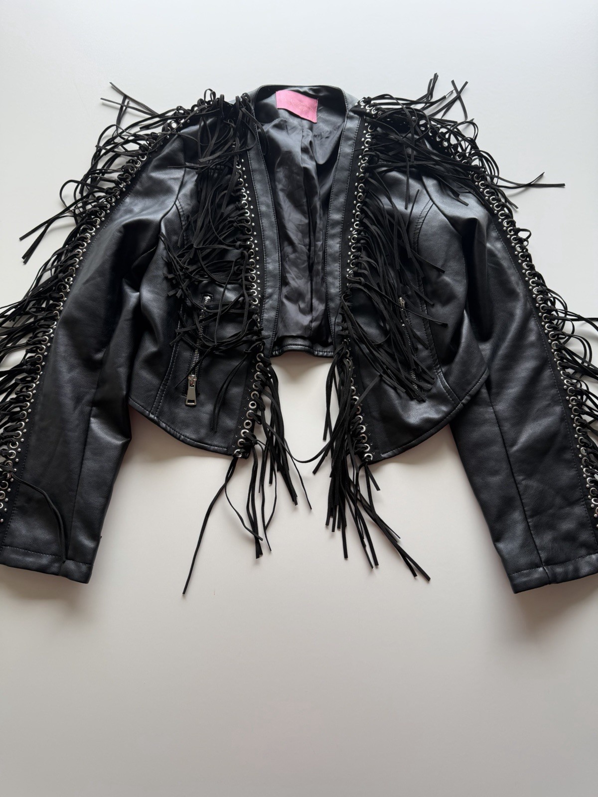 Azalea Wang Akira Ryder Black Studded Fringe Moto Jacket Vegan Leather Womens S