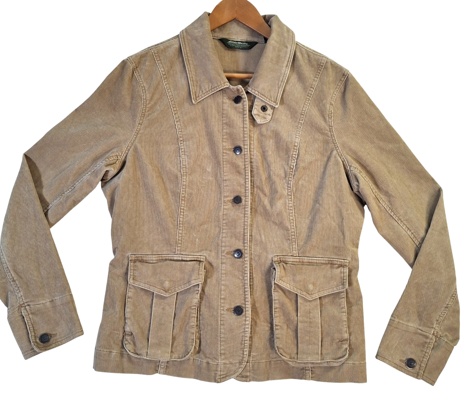 Eddie Bauer Jacket Womens Large Tan Corduroy Utility Field Button Front Pockets