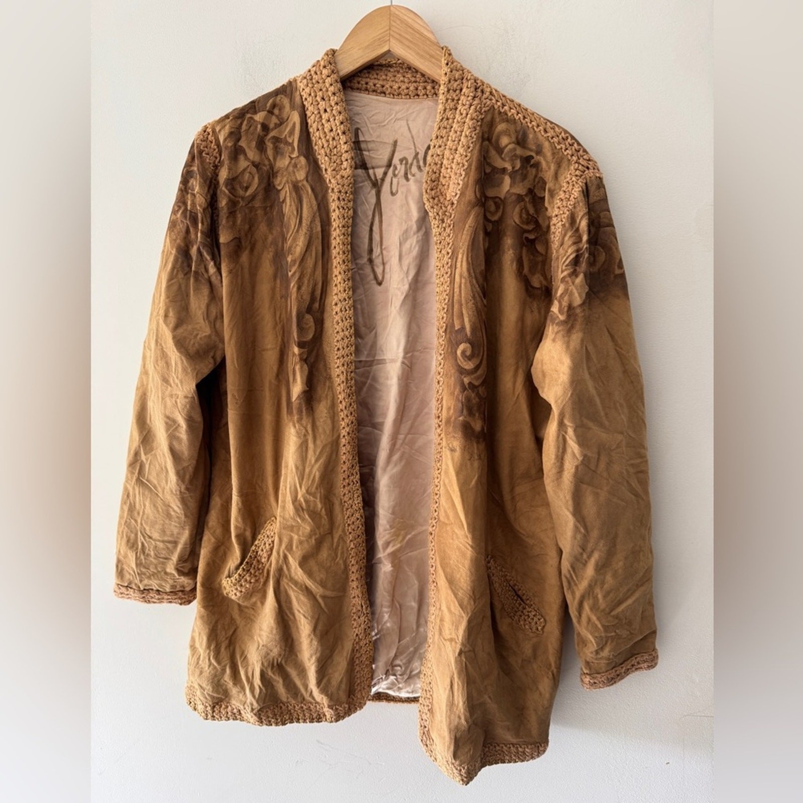 Vintage Suede Kimono Jacket with Crochet Trim & Embroidery Tan Boho Western