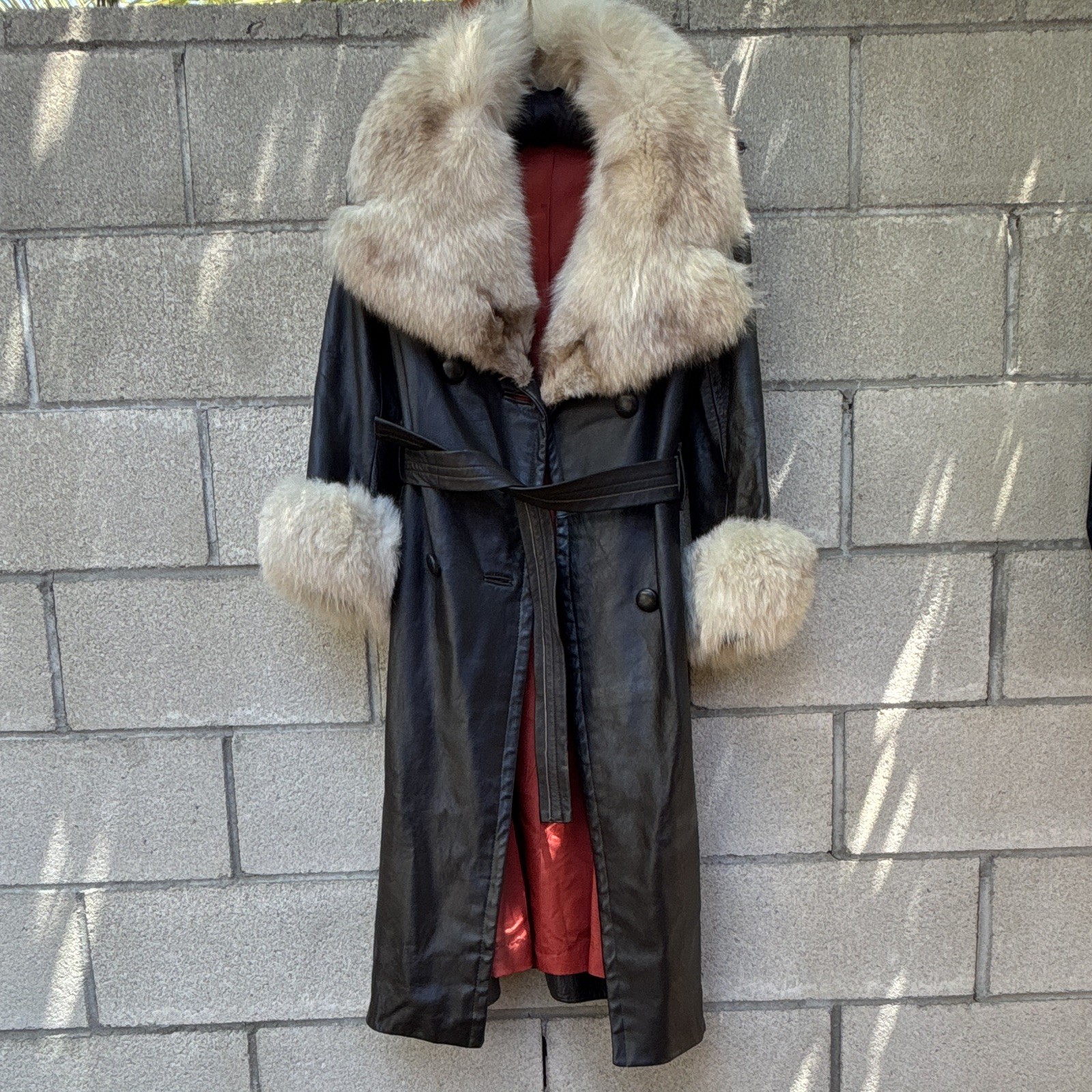 Womens Black Long Overcoat Belted Fur Trim Collar & Cuffs Lined Size 12