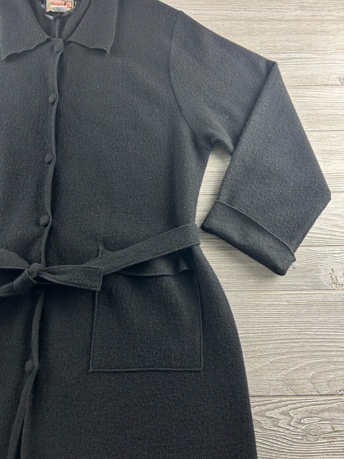 April Cornell Women’s Size ML Black Wool Women’s Coat Button Up Long Tie Waist