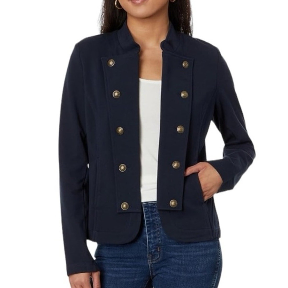 Tommy Hilfiger Military Band Jacket Womens M Navy Gold Button Cropped Cotton