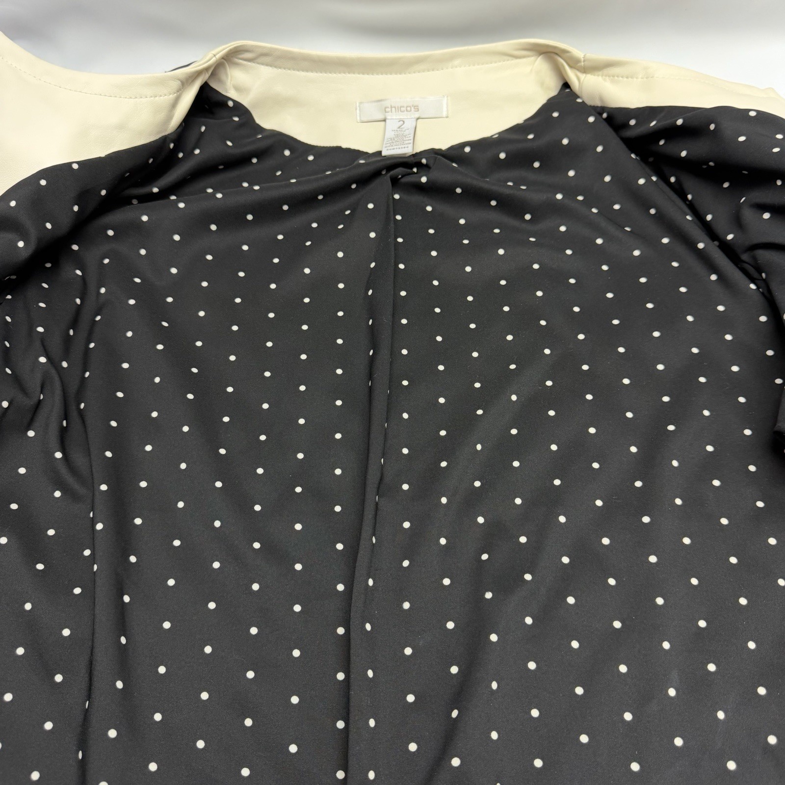 Chico’s Quilted Jacket Size 2 Black Faux Leather Trim Open Front Polka Dot