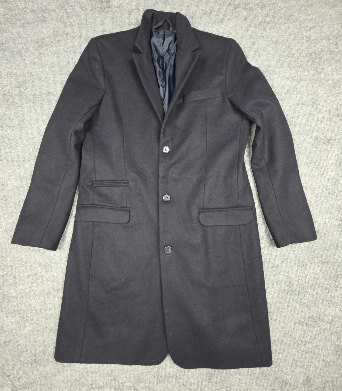 Kirrin Finch Wool Overcoat Men’s Small Dark Navy Blue 3-Button Trench Non Binary