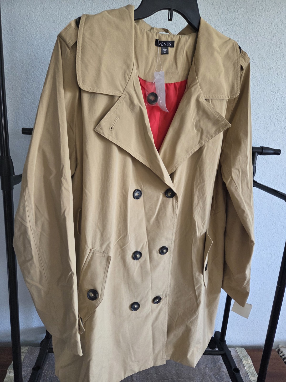 VENUS Women’s XL Beige Mid- Double Breasted Trench Coat Red Lined- belt missing