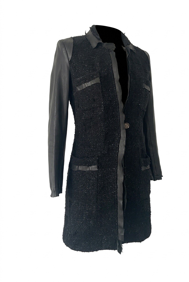 ROBERO CAVALI women’s High End Tweed Panel Trench Coat Combining Tweed &leather