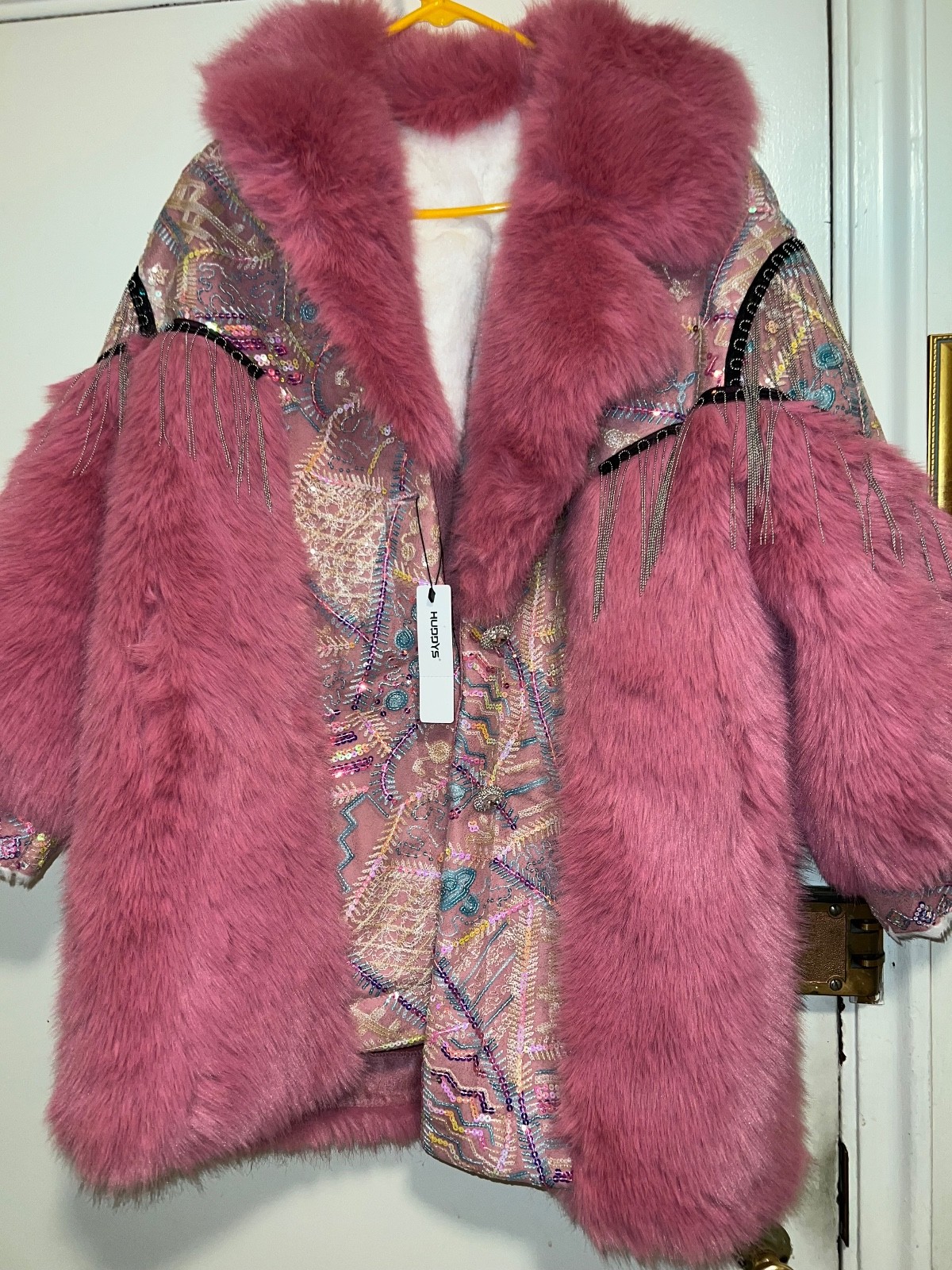 Pink Faux Fur Coat; Boho; Size Large; Hip-Length; Charming Buttons and Inserts