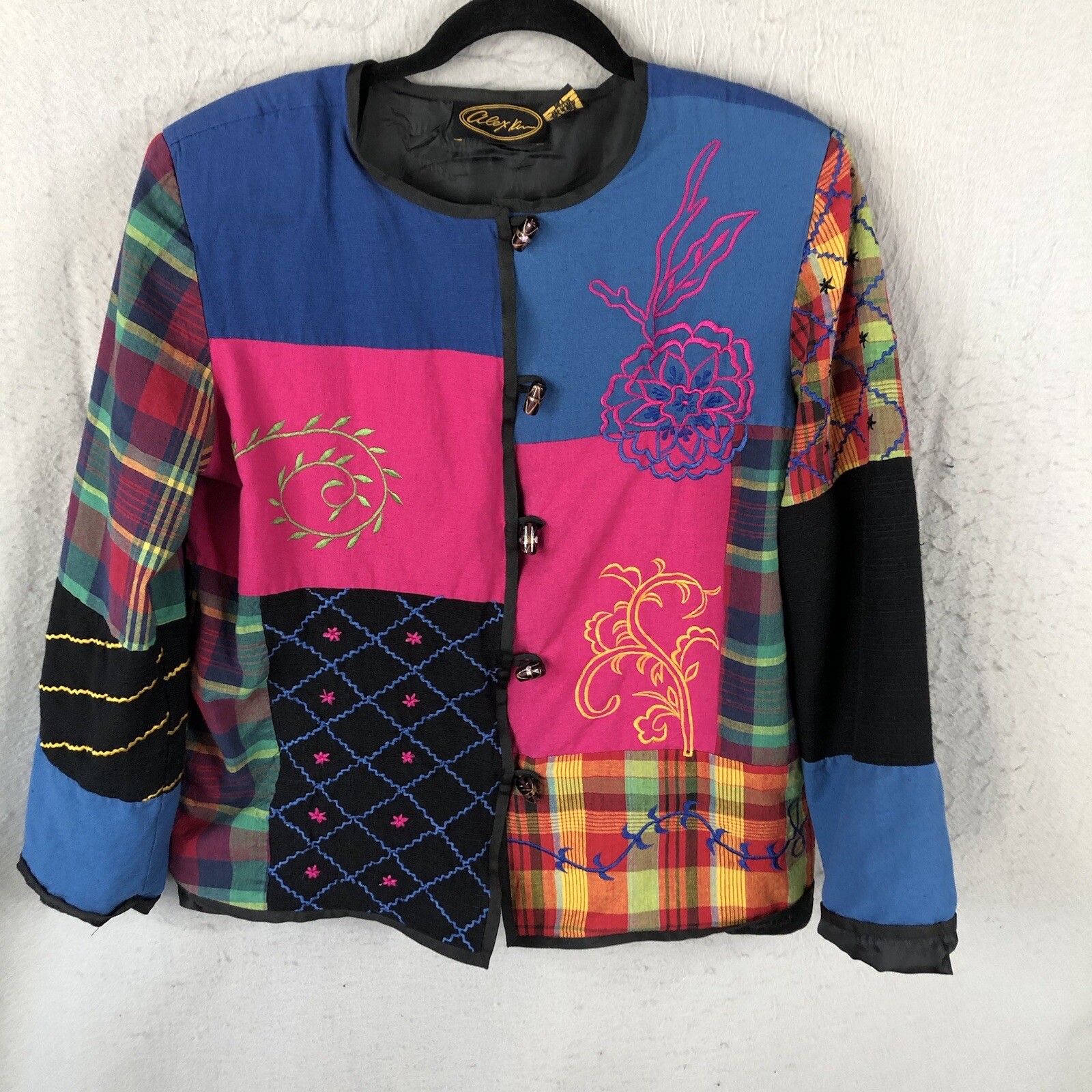Alex Kim Jacket Womens Large Colorful Plaid Embroidery Artsy Patchwork Quilt