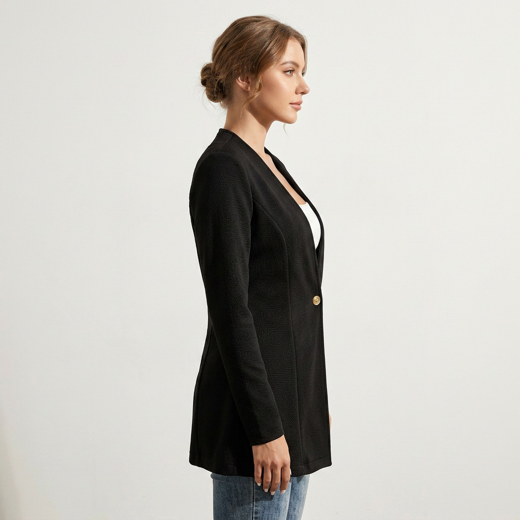 Textured Knit Single-Button Longline Blazer