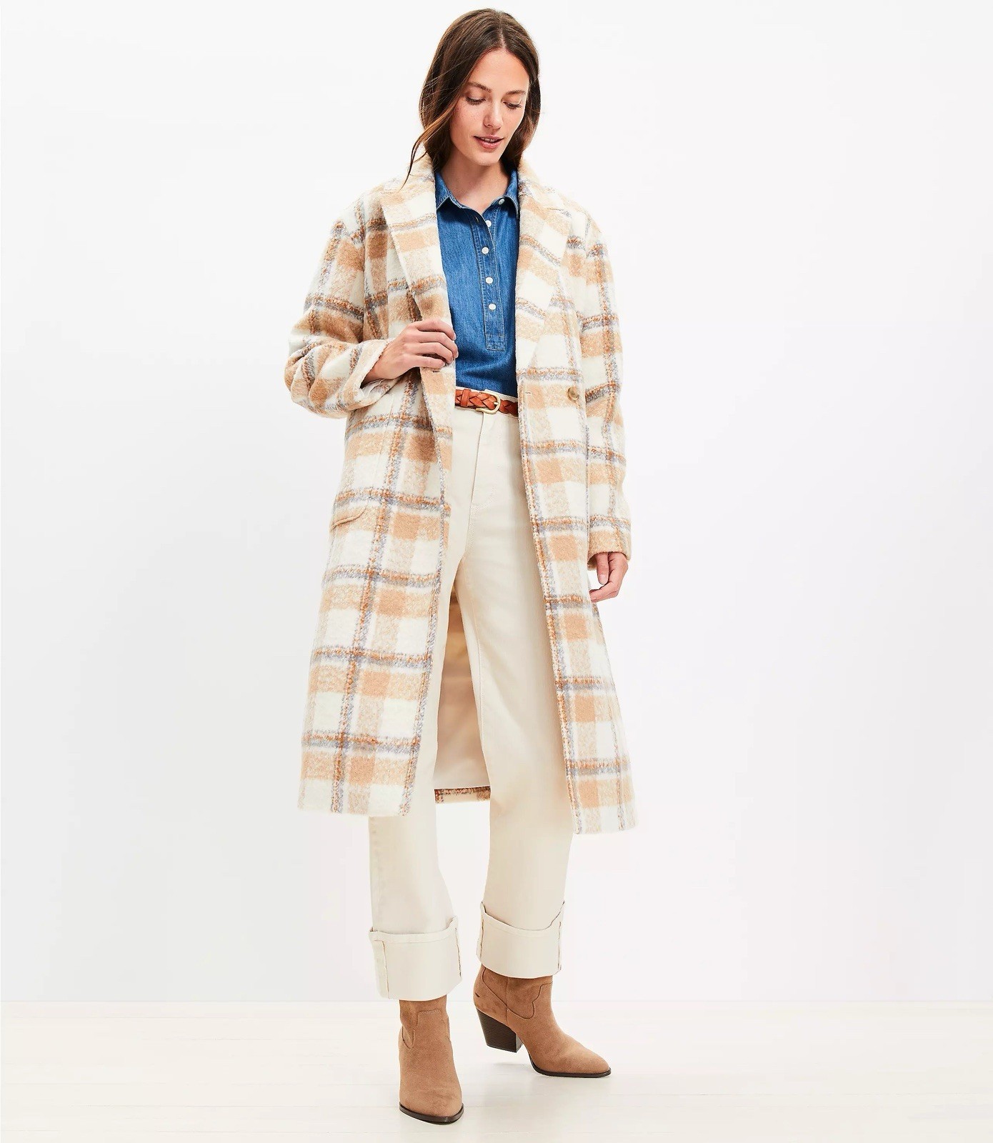 LOFT NWT Plaid Boucle Modern Long Coat M Khaki Beige Runs Large Classic