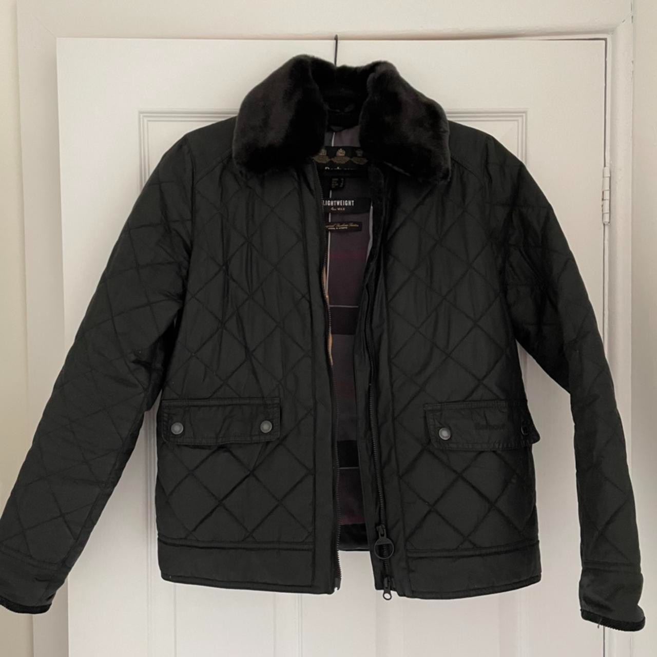 Barbour GLENCOE Green Waxed Quilted Zip Up Faux Fur Collar Bomber JACKET 18