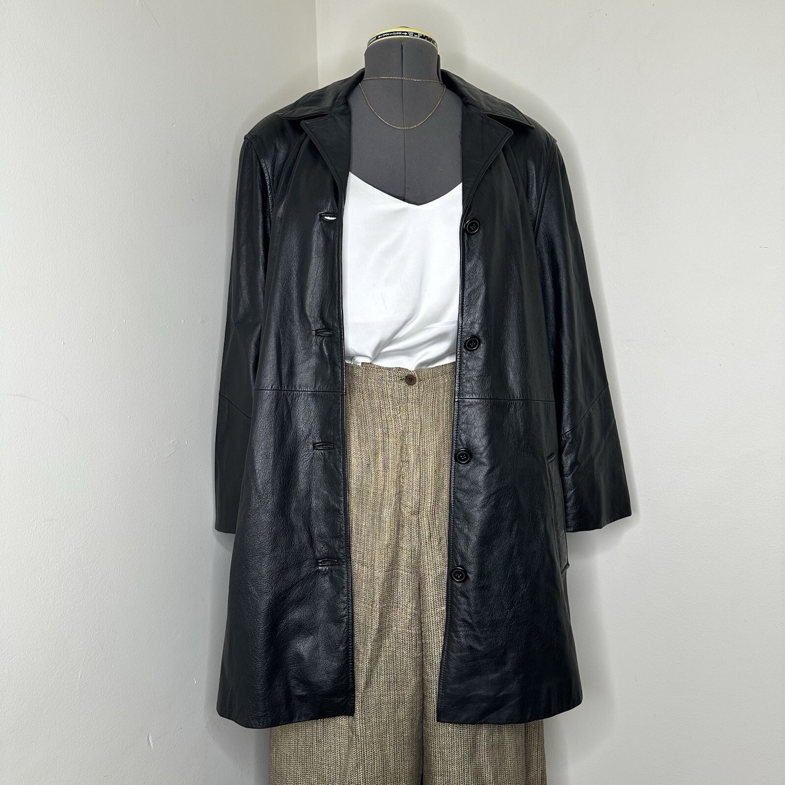 Womens Leather Jacket Large Black Size 10 46″ Pea Coat Overcoat Lined