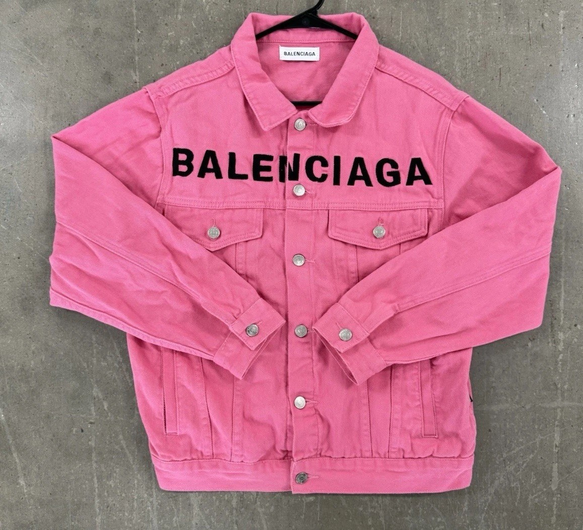 Balenciaga Pink Logo Embroidered Denim Button Front Jacket Large