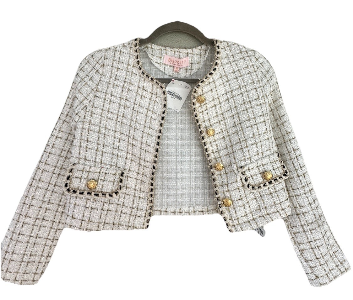 Biscotti Women’s White Gold Check Button Short Jacket Long Sleeve Size 10