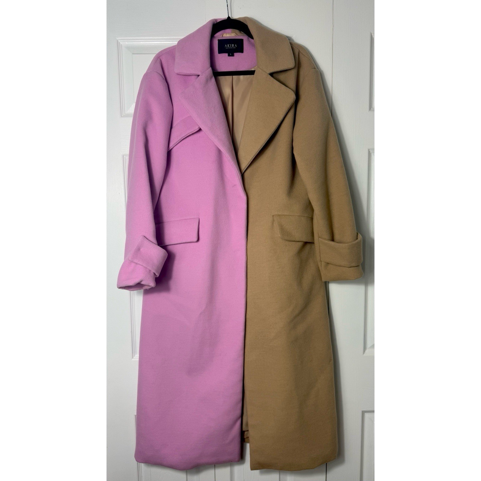 Akira Sherbert Colorblock Trench Coat Pink Tan Two-Tone Longline Jacket Large