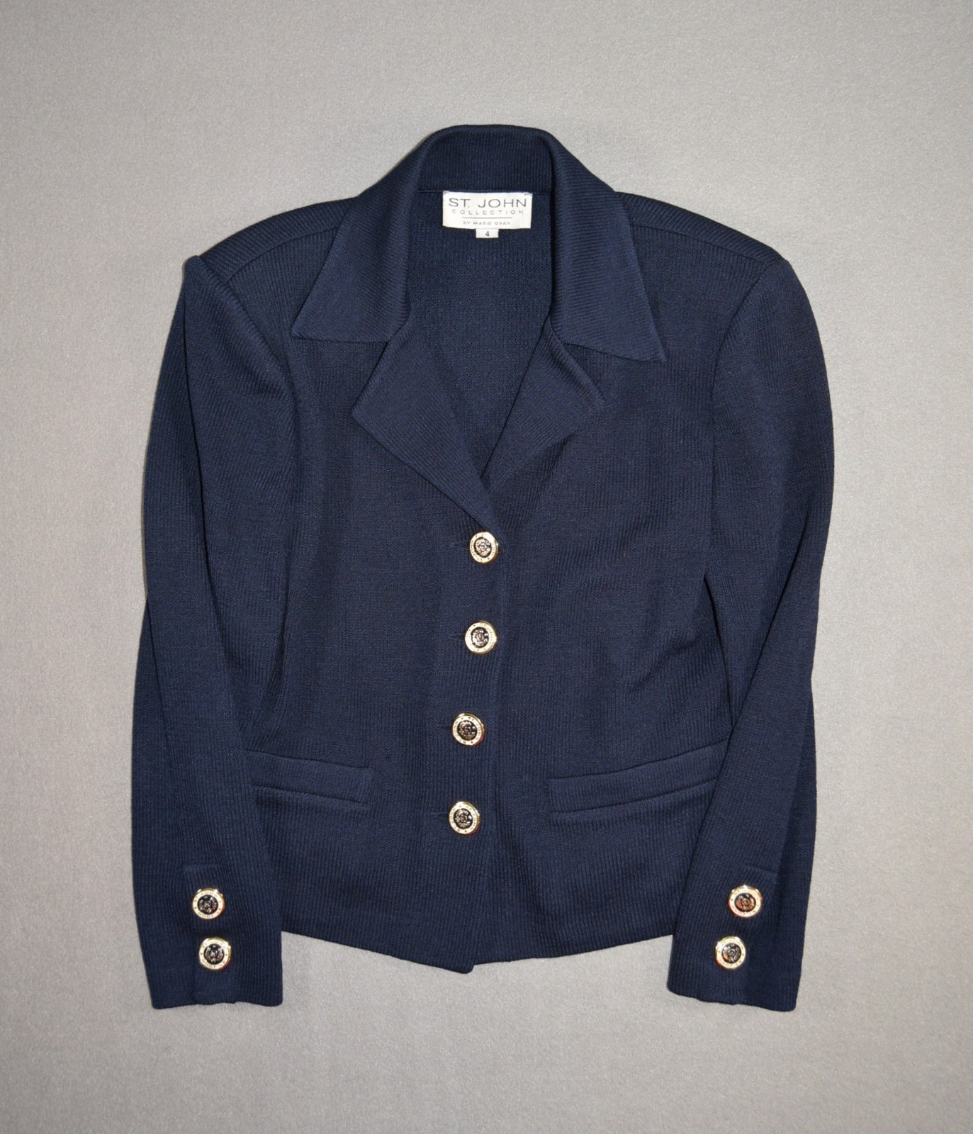 St John Jacket Womens 4 Navy Santana Knit Suit Sweater Crest Button Buckle Back