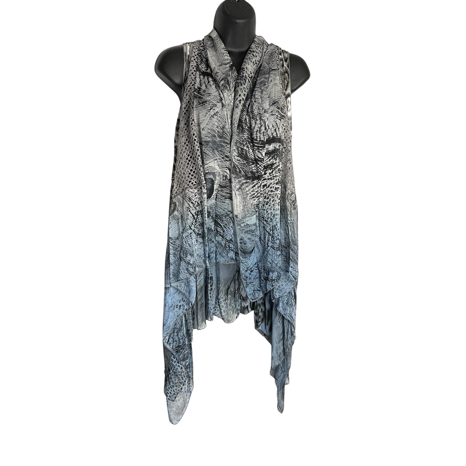 Dor Dor Couture Womens Boho Vest Duster S Blue Patchwork Animal Print Lace Open