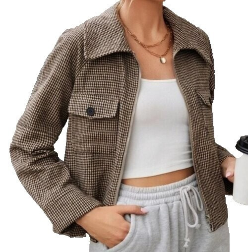 Herringbone Zip-Up Short Jacket Flap Front Pockets Raglan Sleeves Small