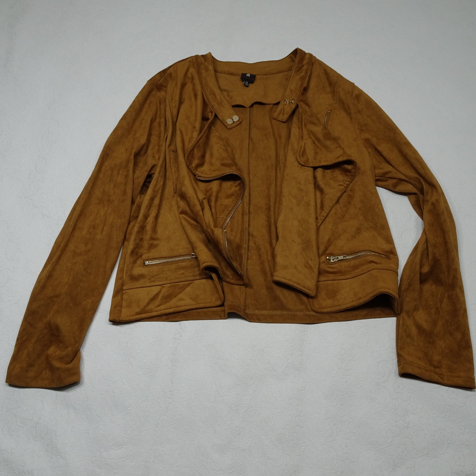 Libian Jacket Size 2X Diagonal Zip Brown Faux Suede Slim Cut Zipper Accent