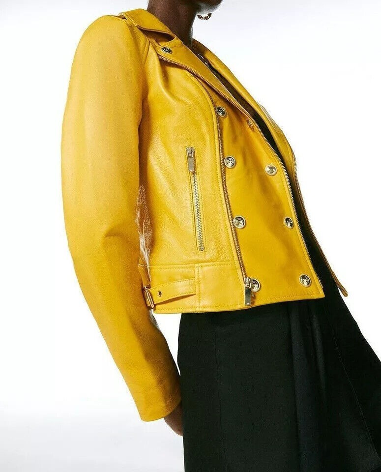 HOT! Women’s Genuine yellow Lambskin Leather Jacket Slim Fit Biker jacket Coat
