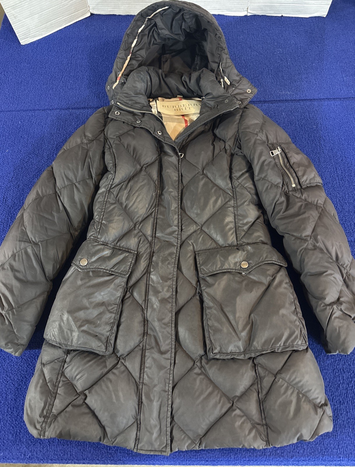 Woman’s BURBERRY BRIT Black Nylon Hooded Puffer Jacket Coat Size S, Used Cond.