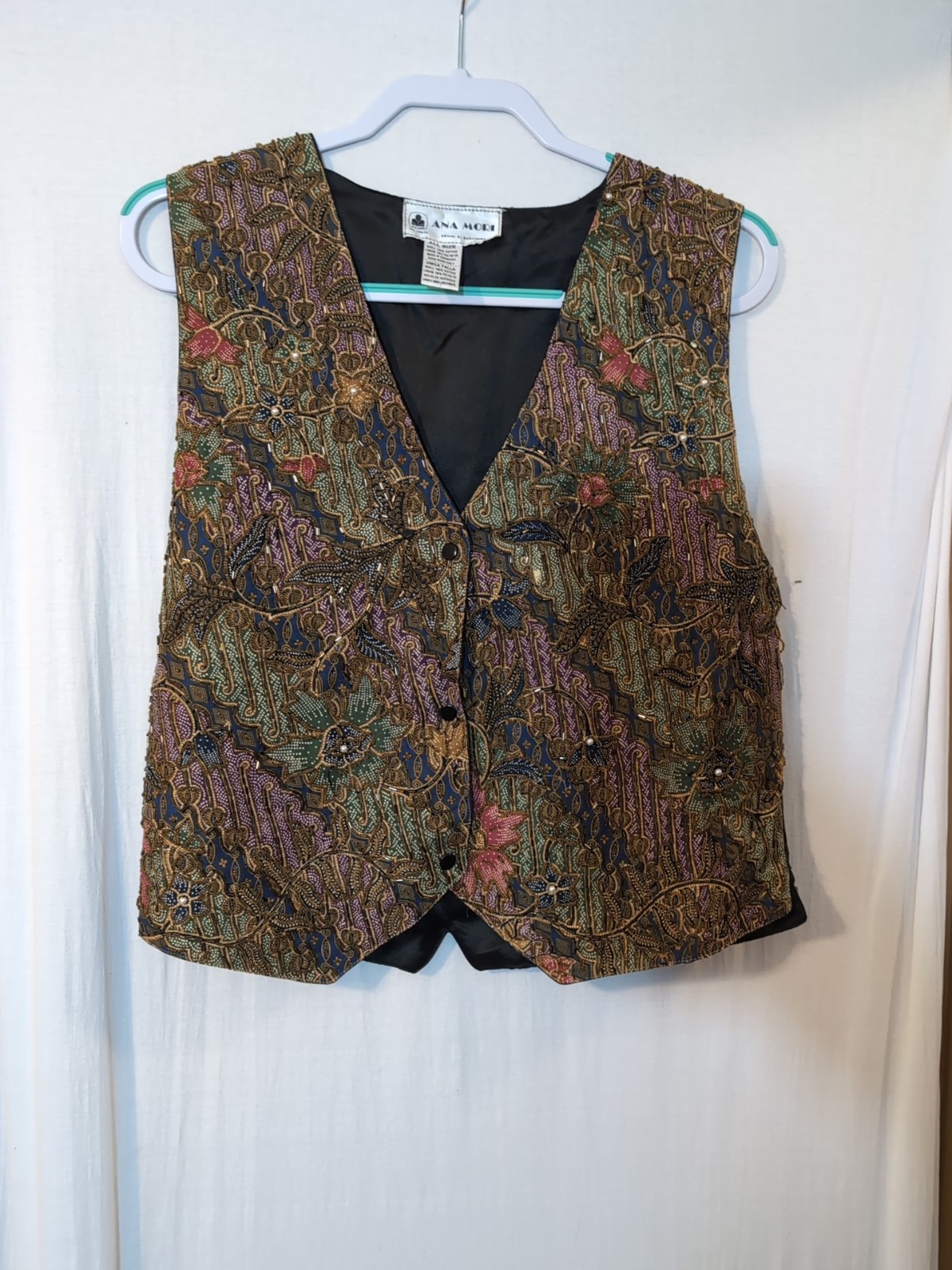 Ana Mori Vintage Beaded Vest – Made in Indonesia – Bold Ethnic Print – O/S