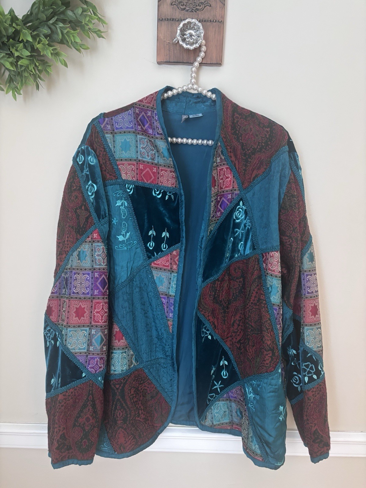 Anu Womens Size XL Velvet Blazer Teal Green Patchwork Art-to-Wear Bohemian