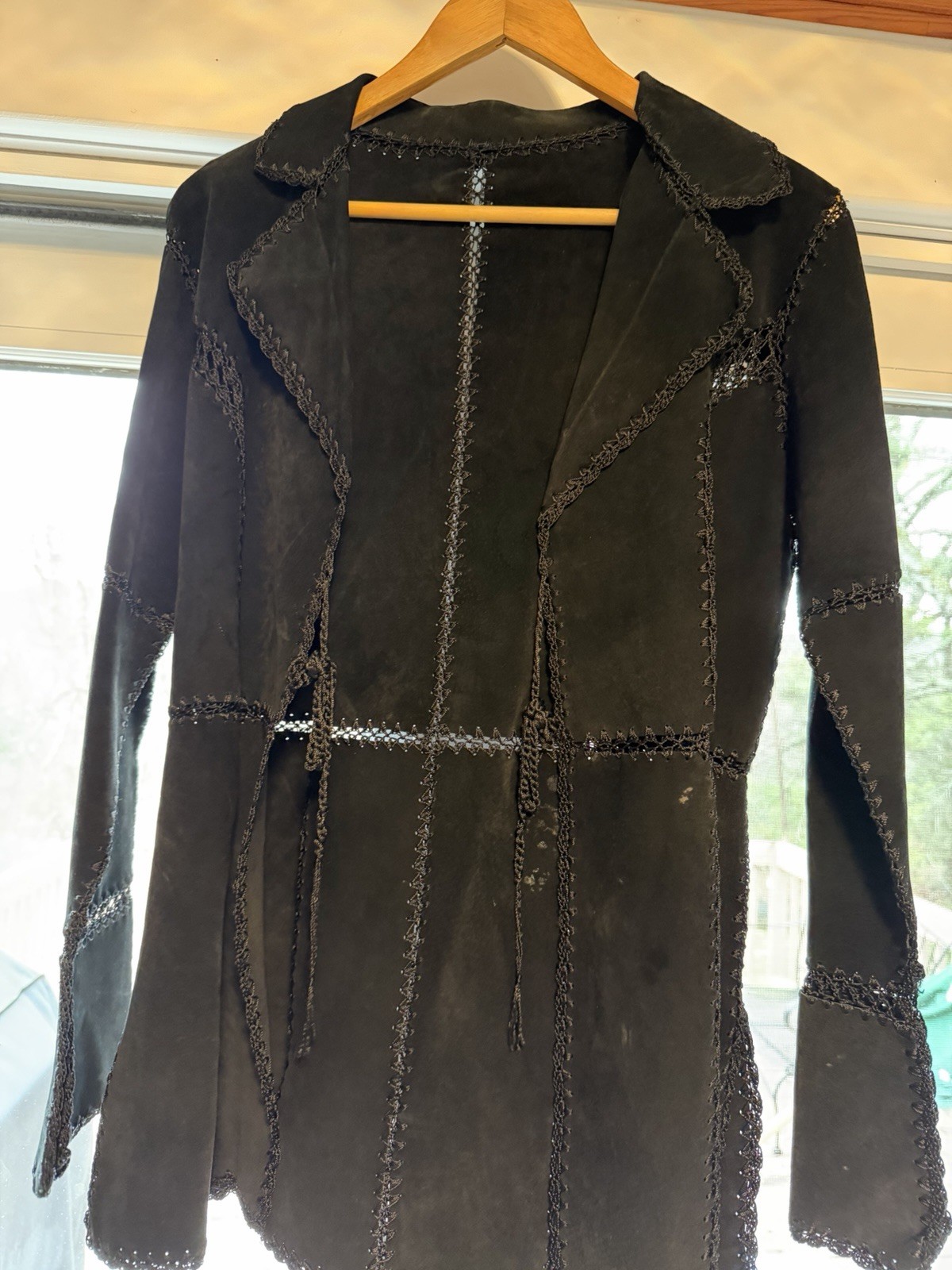 Handmade Black Suede Embroidered Tie-Front Long Jacket Women’s S