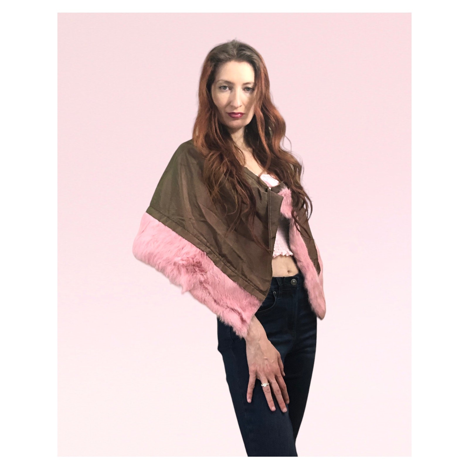 Amaya Arzuaga Pink Faux Fur Glam Trim Shawl Cape Made in Spain Size 42