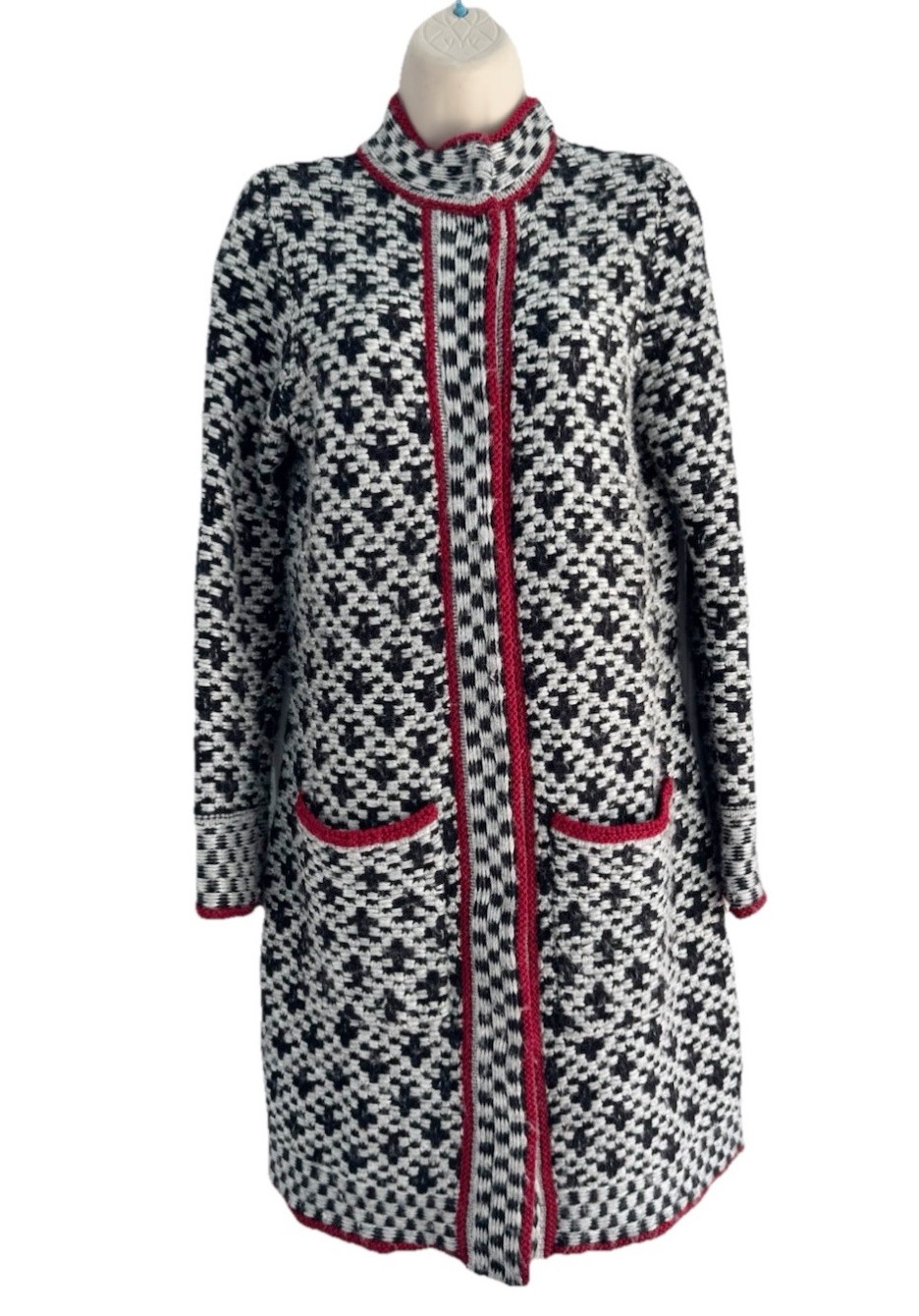 Chico’s Mystic Checkered Mix Plaid Sweater Coat Women’s Sz 0 (S) Black White Red