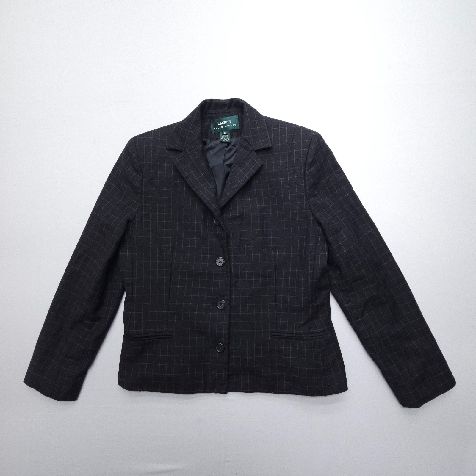 Lauren Ralph Lauren Wool Blazer Womens 12 Black Check Four Button Academia