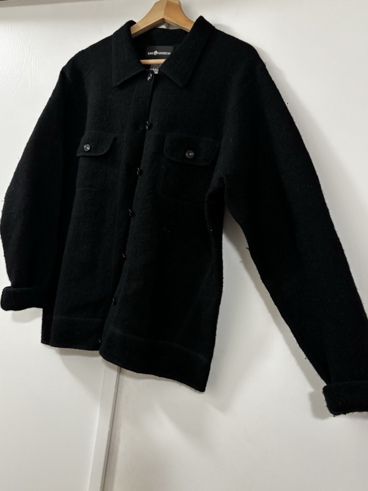 Sag Harbor Women’s Black Button Down 100% Wool Jacket Front Pockets Size Large