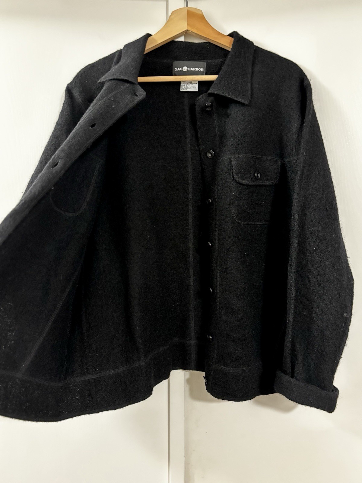 Sag Harbor Women’s Black Button Down 100% Wool Jacket Front Pockets Size Large