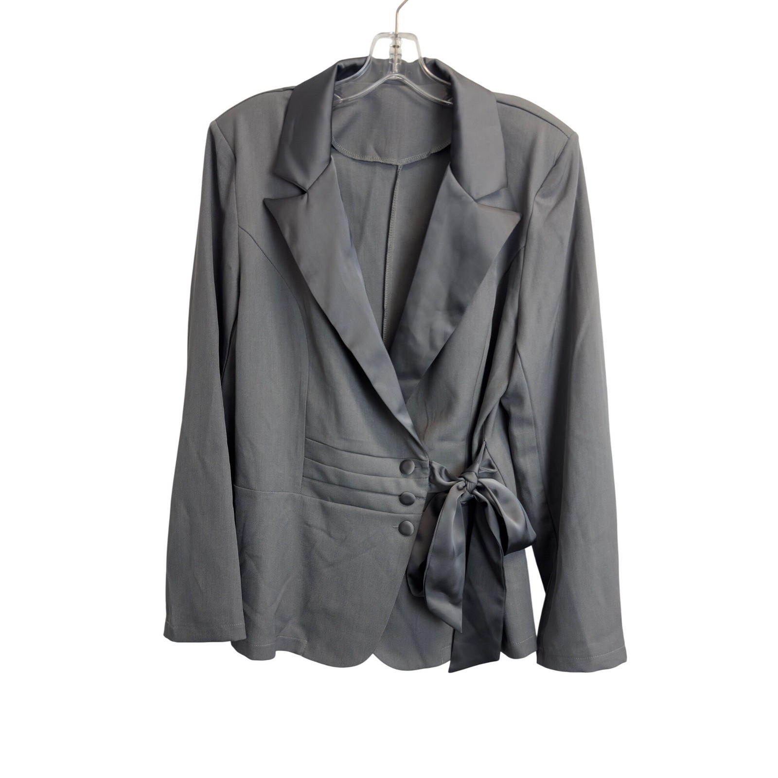 Womens Grey Satin Trim Wrap Blazer Side Tie Bow Jacket XL Lightweight
