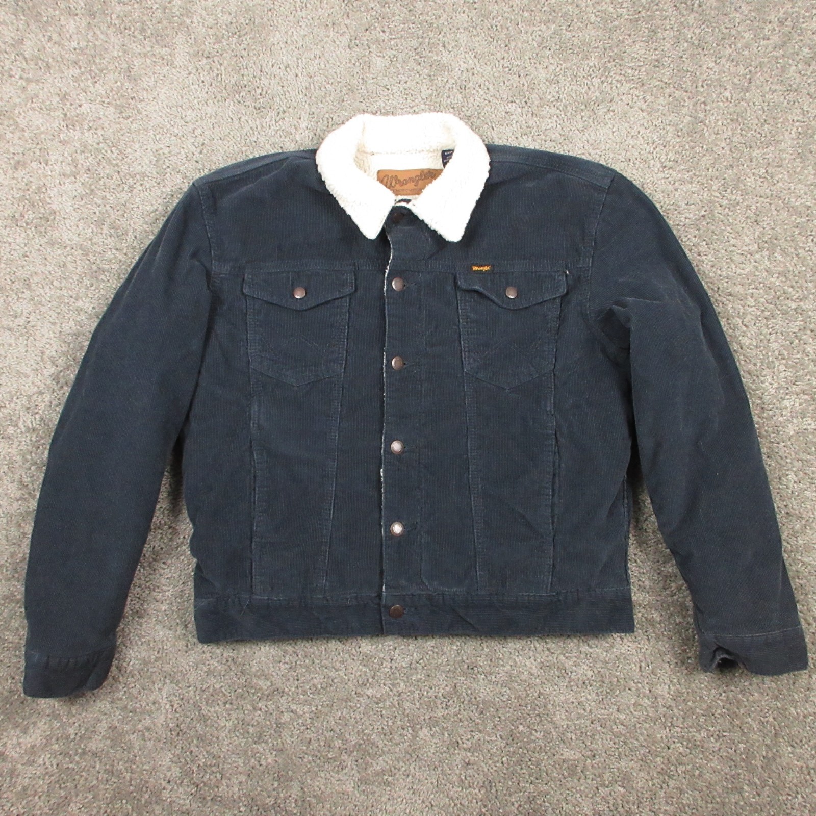 Wrangler Jacket Womens Medium Blue Corduroy Sherpa Fleece Trucker Pockets Coat