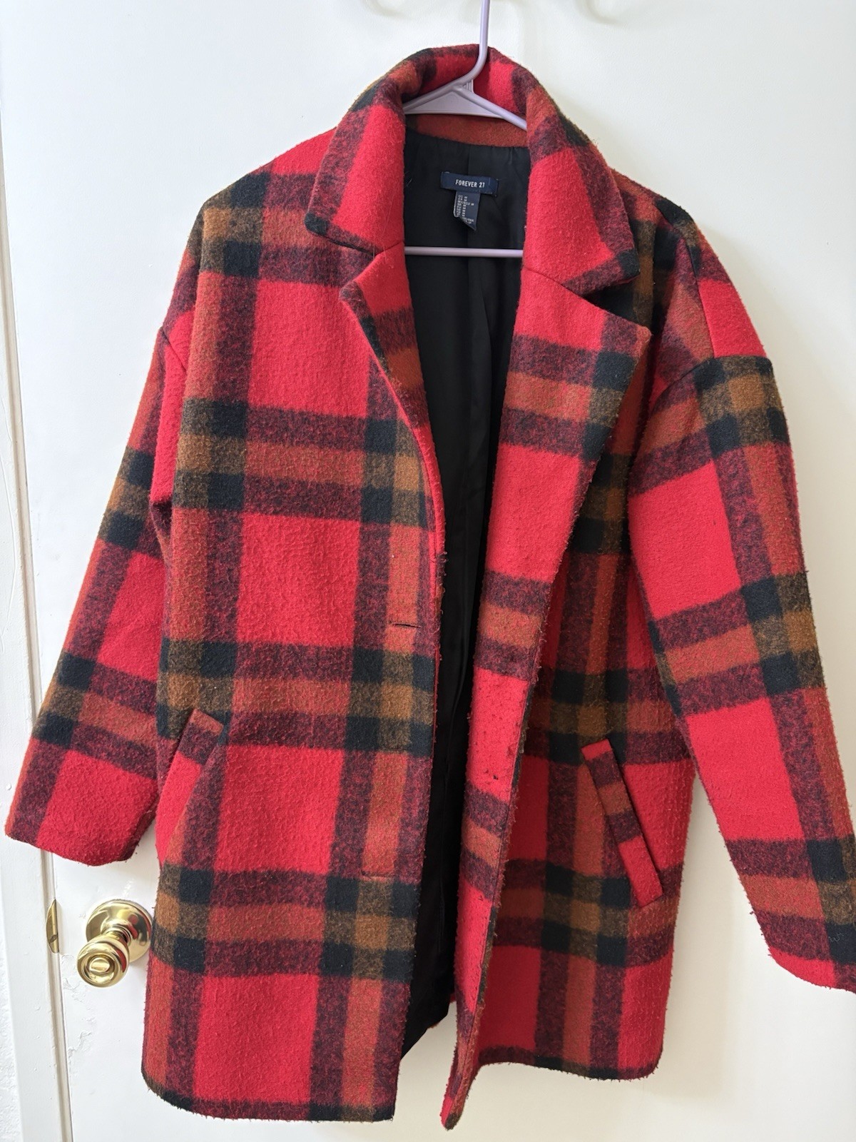 Forever 21 Women Red Plaid Lined Open Front Mid-Length Overcoat Coat Pockets M